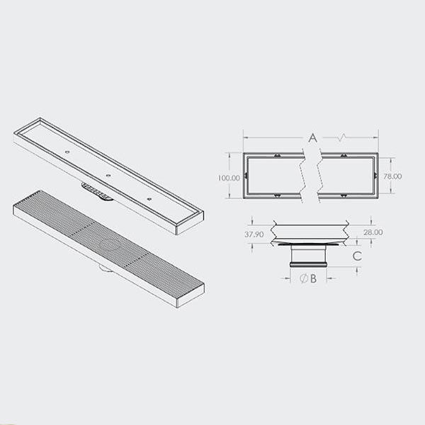 ART Australia Bermuda Grate Channels 80mm Waste Outlet Technical Drawing  - The Blue Space