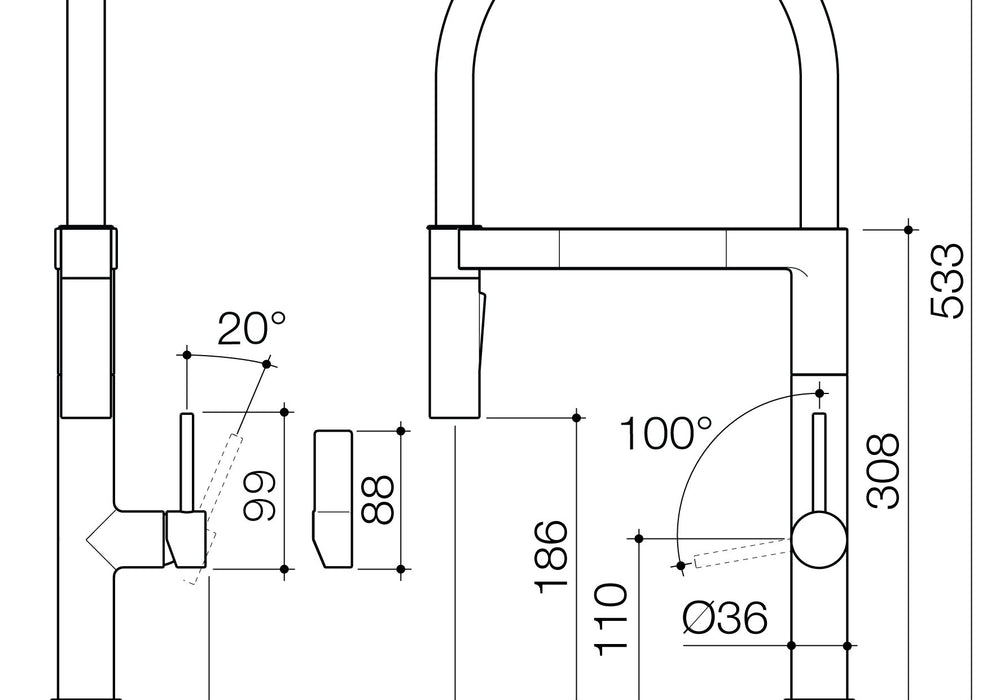Technical drawing of Liano II  Pull Down Sink Mixer by Caroma -