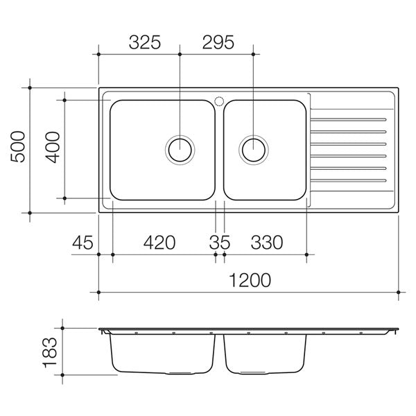 Clark Horizon 1.75 End Bowl Kitchen Sink line drawing dimensions