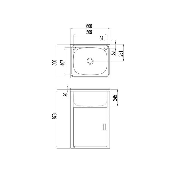 Clark Utility 42 Litre Laundry Tub and Cabinet - line drawings