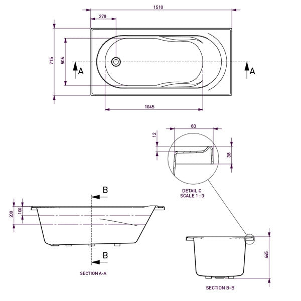 Decina Adatto Contour Spa Bath 1510 Technical Drawing - The Blue Space