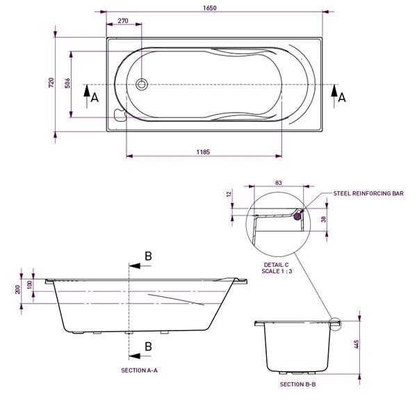 Decina Adatto Contour Spa Bath 1650 Technical Drawing - The Blue Space