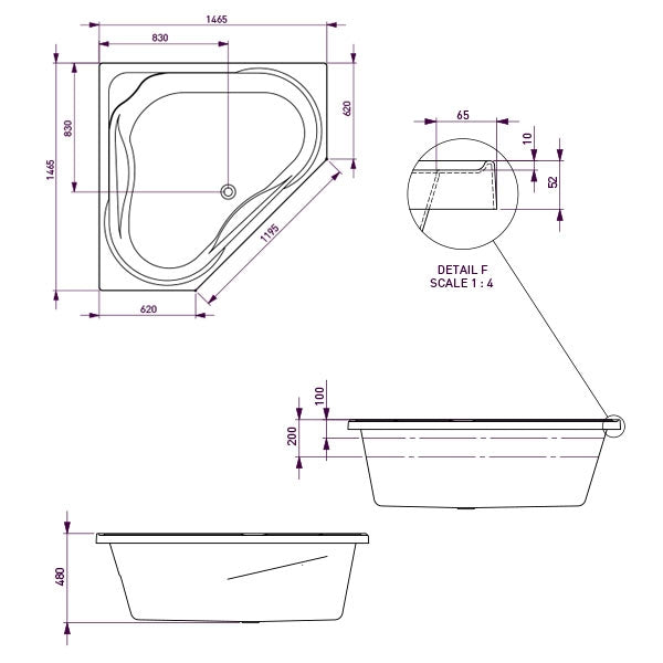 Decina Angelique Santai Spa Bath dimensions line drawing 1465