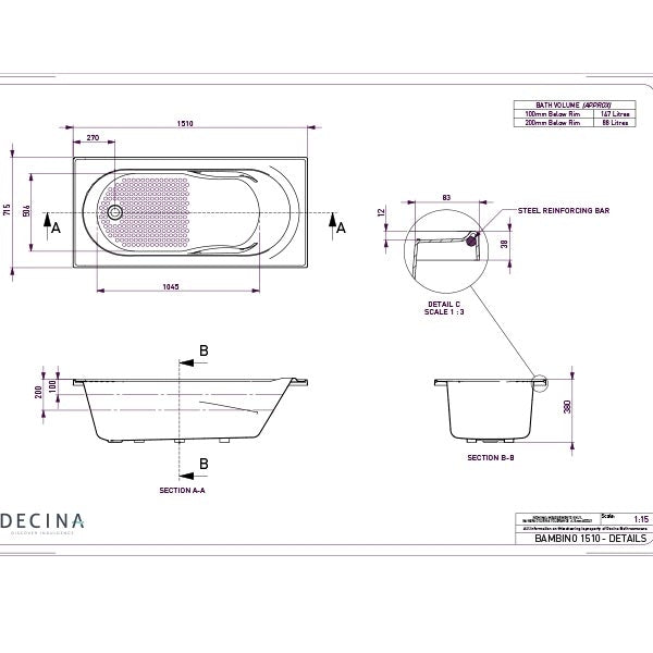 Decina Bambino Inset Bath 1510 line drawing dimensions