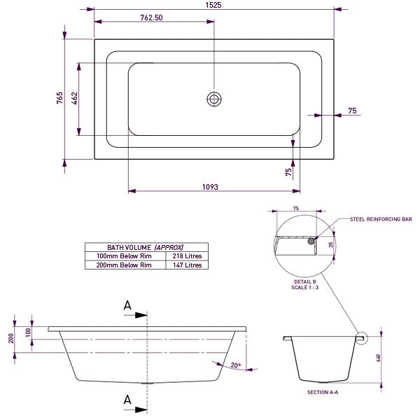 Decina Carina Island Bath 1525 line drawing dimensions- The Blue Space