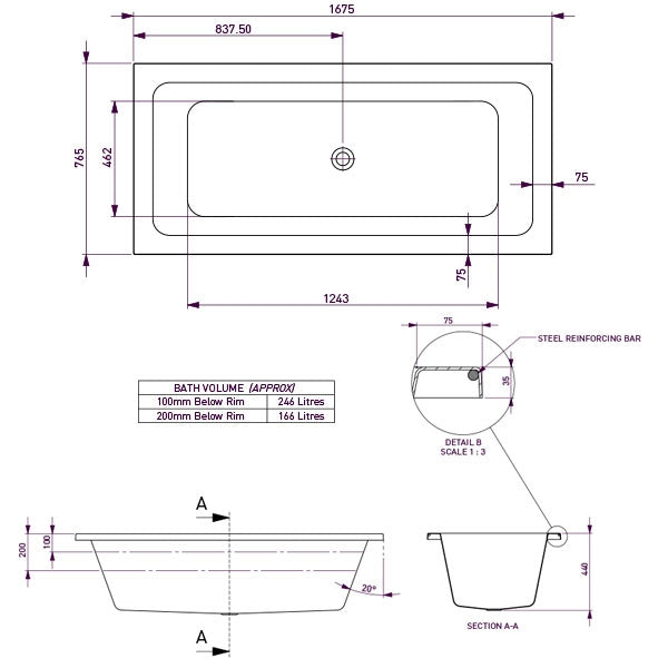 Decina Carina Island Bath 1625 line drawing dimensions