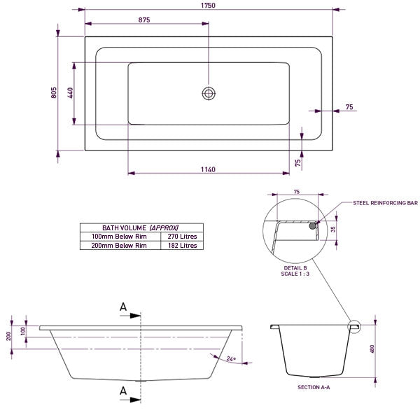 Decina Carina Island Bath 1750 line drawing dimensions