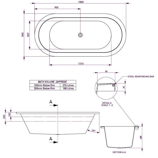 Decina Caval Island Bath 1800mm
