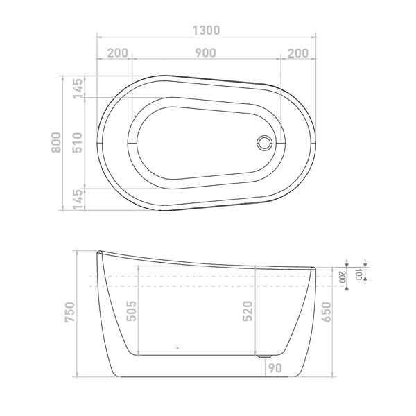 Decina Cosmo 1300mm Freestanding Bath technical drawings