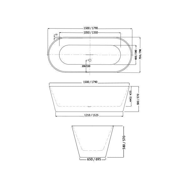 Decina Elinea Freestanding Bath line drawing dimensions - The Blue Space 1500 1790