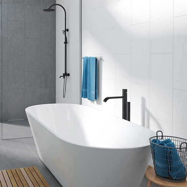 Decina Elinea Freestanding Bath with black shower and grey back drop - The Blue Space
