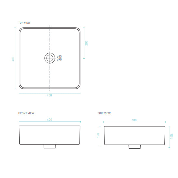 Technical Drawing - Decina Elinea Luxe Square Counter Top Basin 400mm