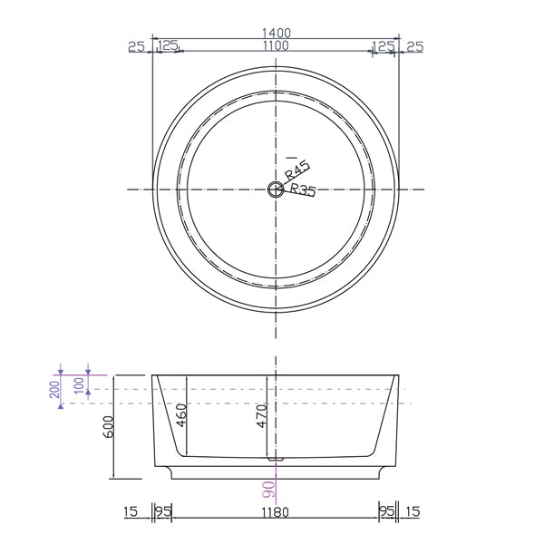 Decina Florencia 1400mm Freestanding Bath technical drawings