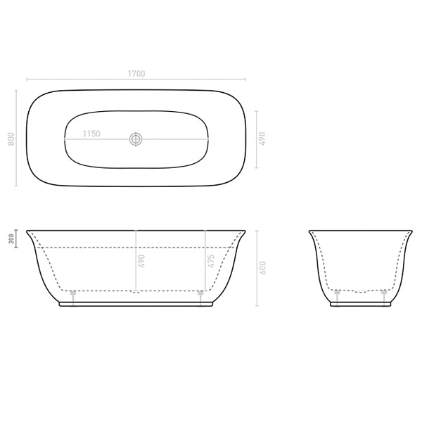 Technical Drawing - Decina Lola 1700mm Freestanding Bath