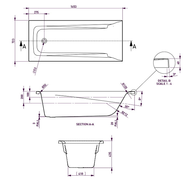 Decina Novara Island Bath 1653 specs - line drawing and dimensions
