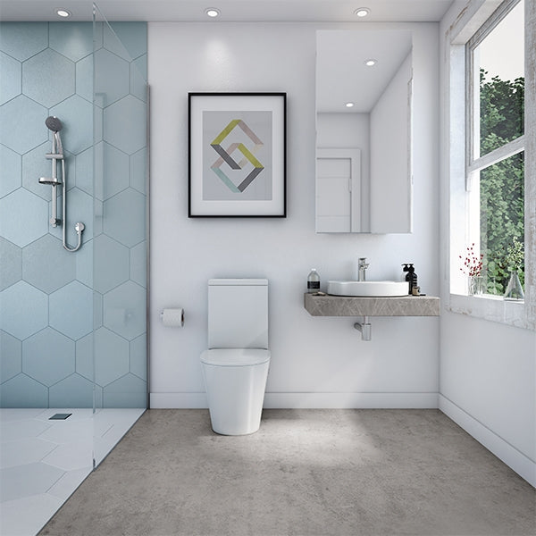 Decina Renee Rimless Wall Faced Toilet Suite in Blue and White Bathroom - The Blue Space