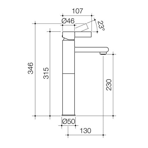 Dorf Enigma Tower Basin Mixer specs - line drawing and dimensions