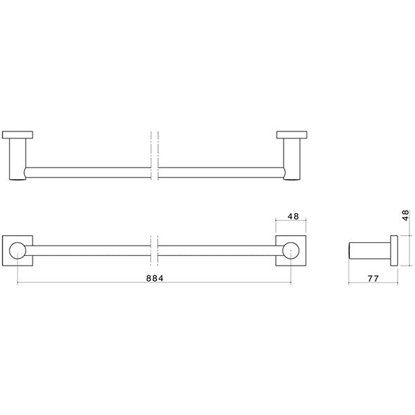 Dorf Enix Single Towel Rail Chrome 900mm Technical Drawing - The Blue Space