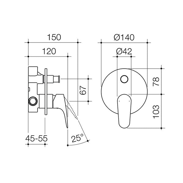 Dorf Flickmixer Plus Bath Shower Mixer with Diverter - chrome - the blue space specs - line drawing and dimensions