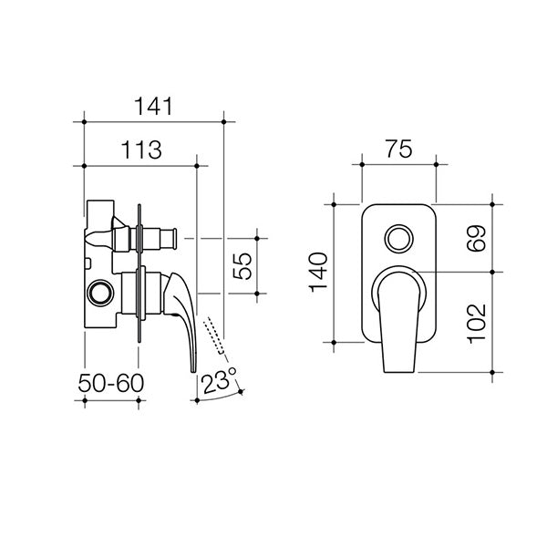 Dorf Hugo Bath/Shower Mixer with Diverter - chrome - the blue space - specs - line drawing and dimensions