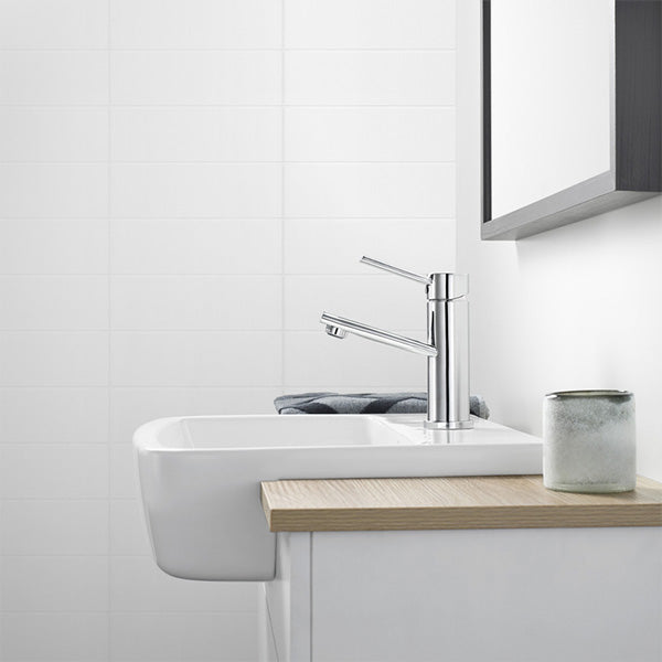 Dorf Villa Basin Mixer Featured with a Semi-Recessed Basin in a Bathroom with a Wooden Benchtop Vanity - The Blue Space