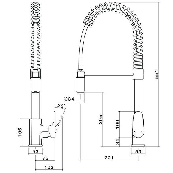 Dorf Viridian Pull Down Sink Mixer - chrome - the blue space - specs - line drawing and dimensions