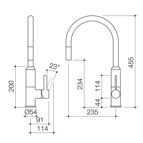 Dorf Vixen Retractable Sink Mixer Black - specs - line drawing and dimensions