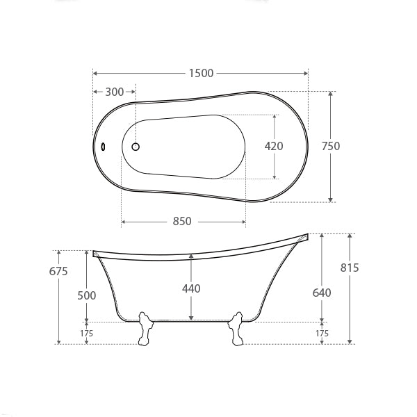 Fienza Clawfoot Bath - Semi-Gloss White Feet technical image