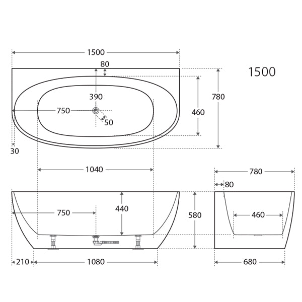 Fienza Keeto Back-to-wall Acrylic Bath 1500mm technical drawings