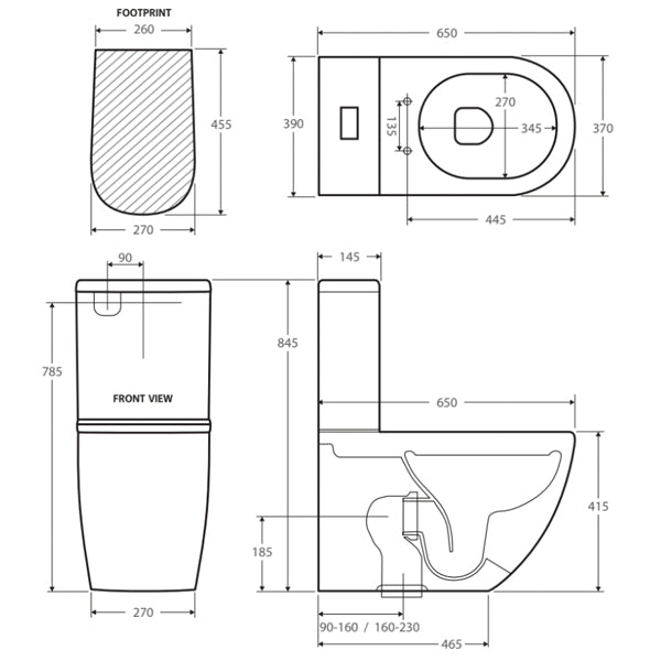 Fienza Koko Rimless Back-to-Wall Toilet Suite with Thin Seat measurements line drawings