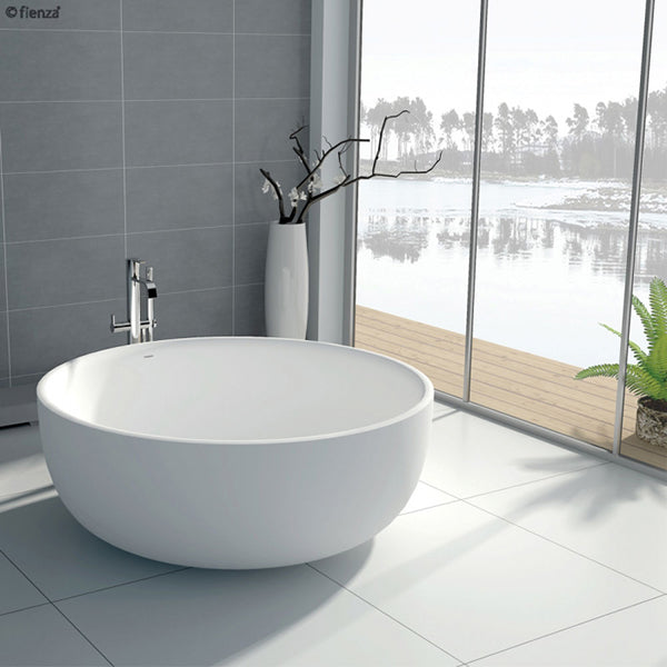 Fienza Shinto Matte White Stone Freestanding Bath in luxury bathroom - The Blue Space