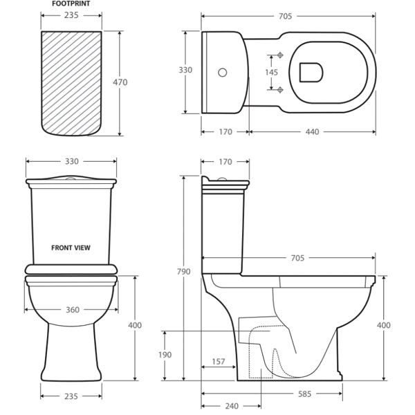 Fienza RAK Washington Close-Coupled Ivory Toilet Suite technical line drawings