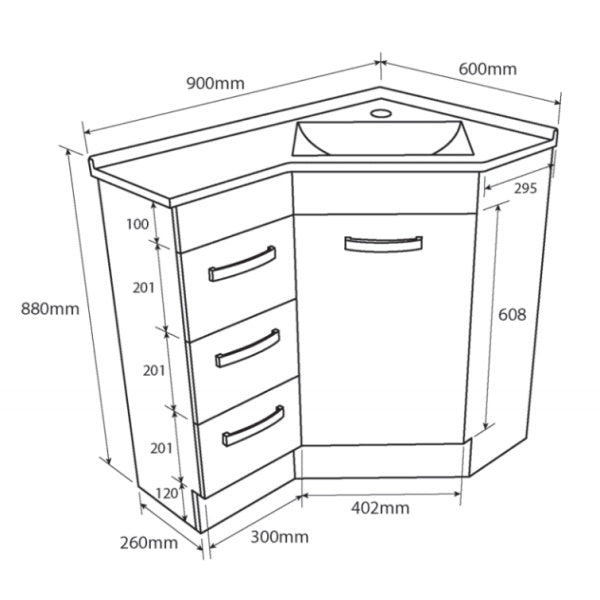 Technical Drawing: Fienza Corner 9060 Vanity