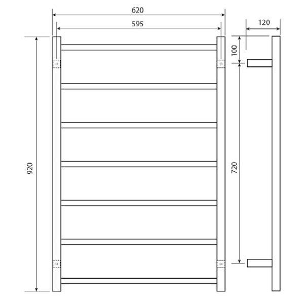 Technical Drawing: Forme Round 7 Bar Heated Towel Ladder 620w x 920h - Black Satin
