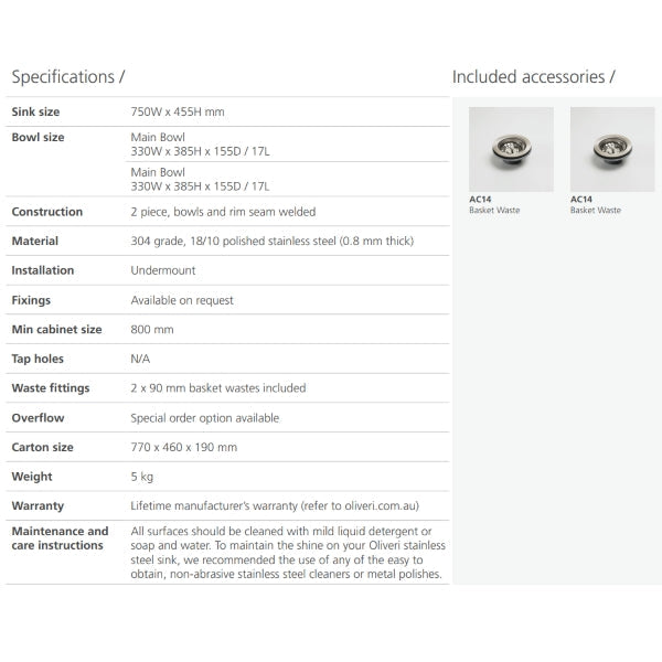 Oliveri Endeavour double bowl undermount sink