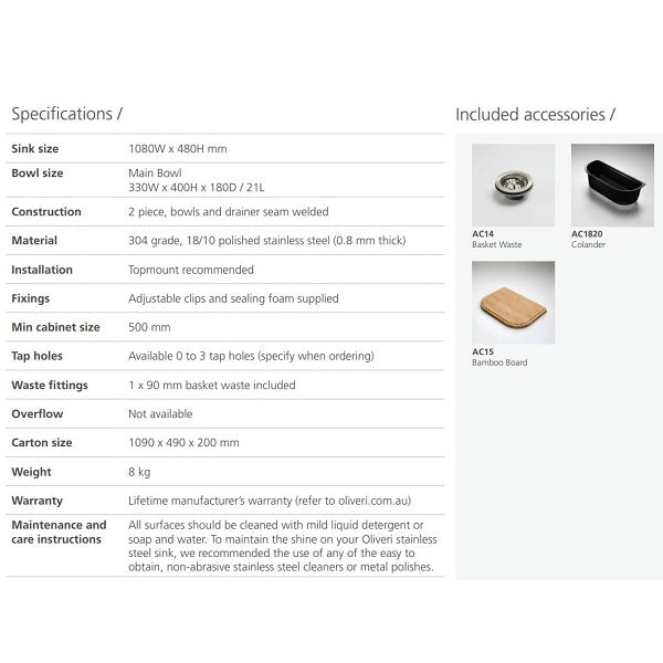 Technical Information for Oliveri Diaz single bowl topmount sink with dbl drainer | The Blue Space