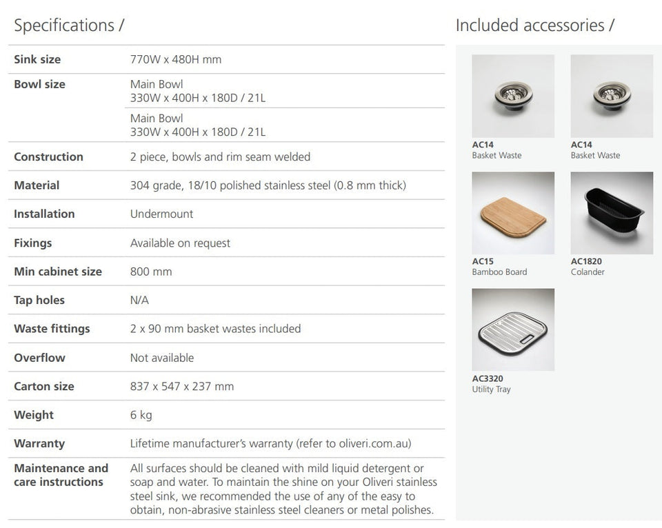 Oliveri Diaz double bowl undermount sink
