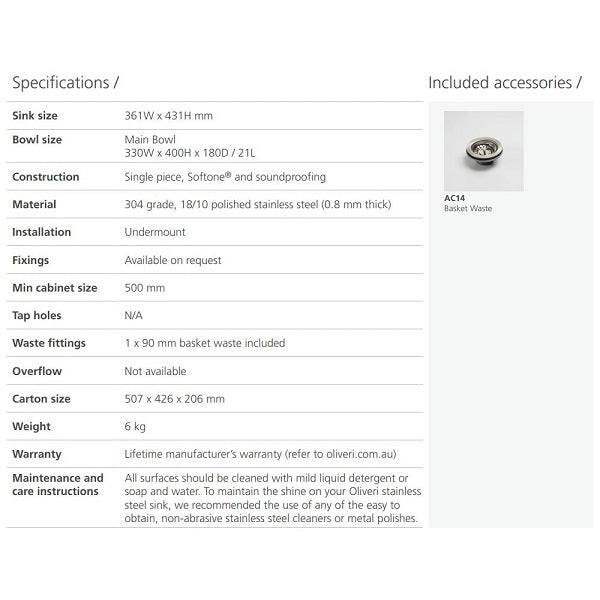 Oliveri Diaz standard bowl undermount sink