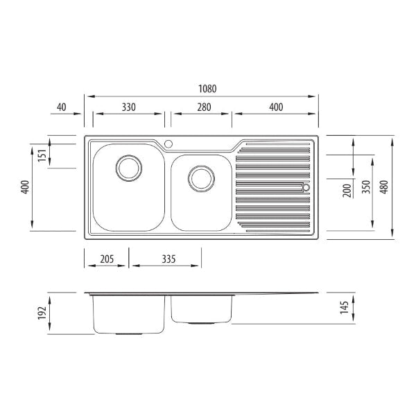 Oliveri Diaz 1 & 3/4 bowl topmount sink with R/H drainer