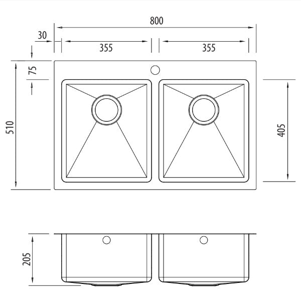 Technical Drawing: Oliveri Apollo double bowl sink 1TH
