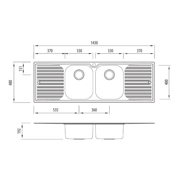 Oliveri Diaz double bowl topmount sink with dbl drainer