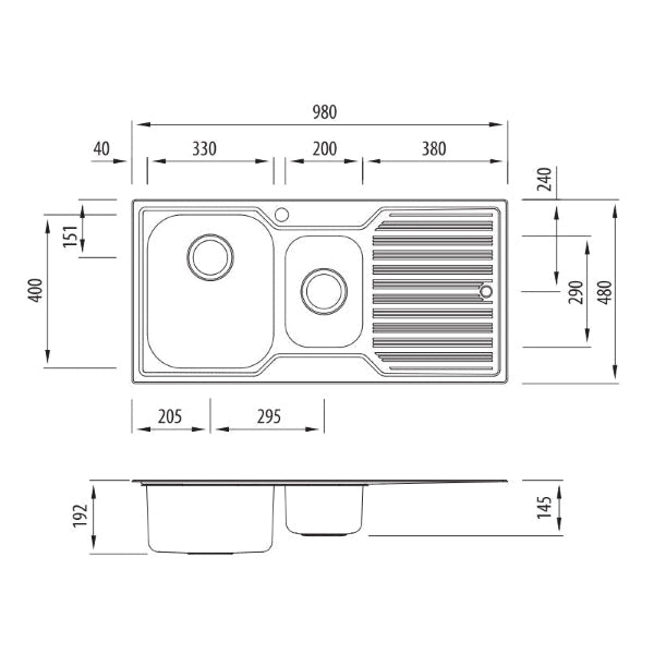 Oliveri Diaz 1 & 1/2 bowl topmount sink with R/H drainer
