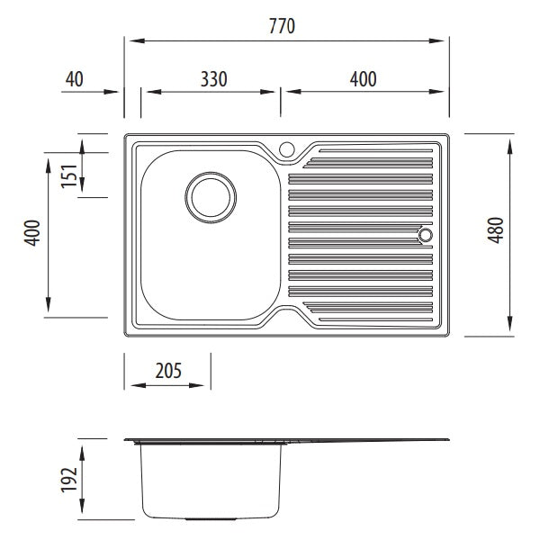 Oliveri Diaz single bowl topmount sink with R/H drainer