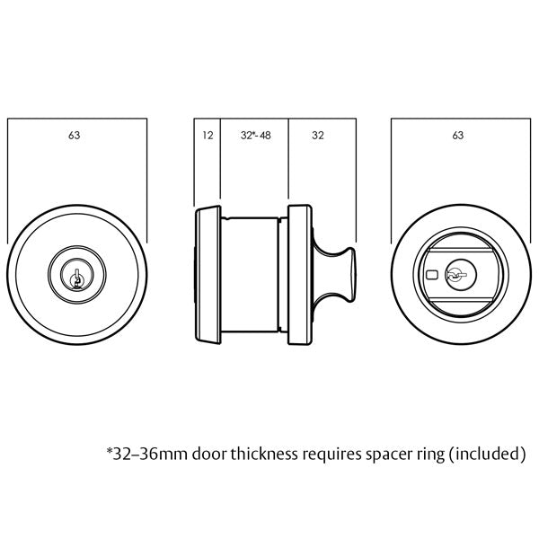 Technical Drawing - Lockwood 005 Double Cylinder Round Deadbolt Chrome Plate