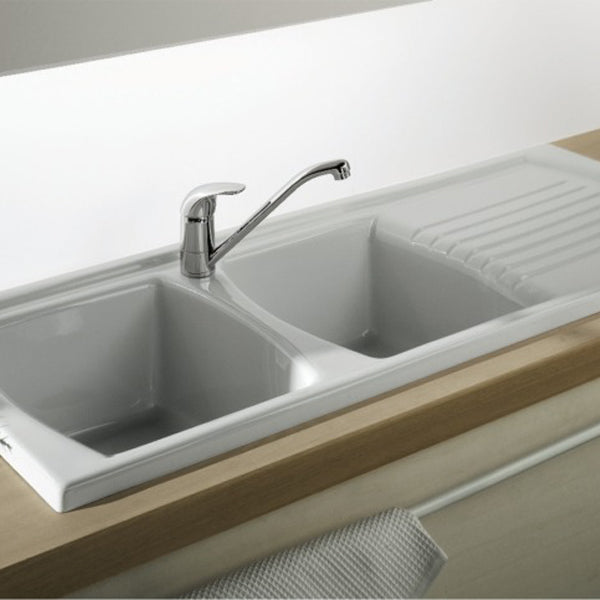 Turner Hastings Lusitano 120 x 50 Recessed Fine Fireclay Kitchen Sink - Double Bowl, Single Drainer - The Blue Space