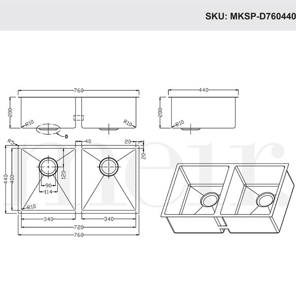 Technical Drawing - Meir Kitchen Mini Sink Double Bowl 760mm x 440mm - Brushed Nickel