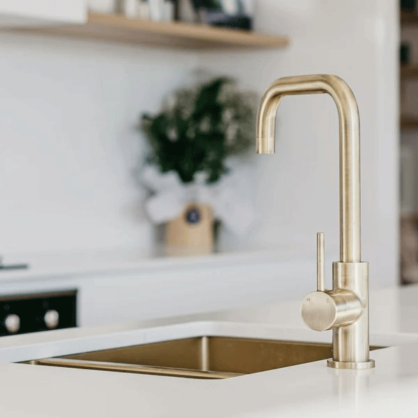 Meir Round Kitchen Mixer - Tiger Bronze - brushed brass kitchen sink mixer tap online at The Blue Space