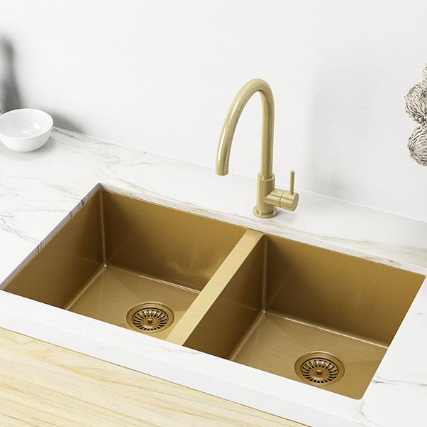 Meir Brushed Gold Kitchen Sink Double Bowl, Online at The Blue Space