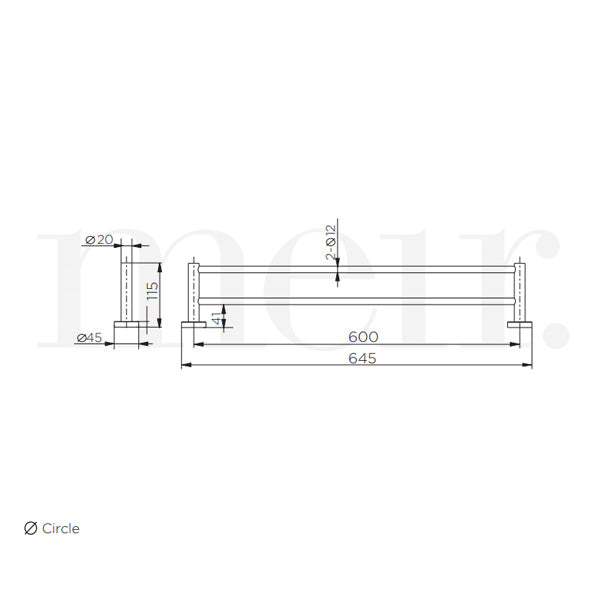 Meir Round Double Champagne Towel Rail 600mm Technical Drawing - The Blue Space
