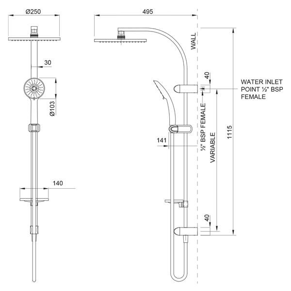 Methven Amio Exposure 5 Function Rail Shower Technical Drawing